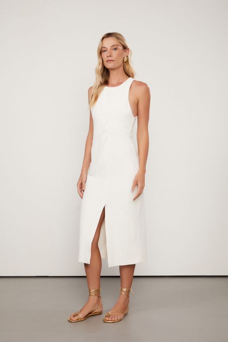 Vestido Midi De Malha Sponge Com Detalhe De Entrelaço Off White - G