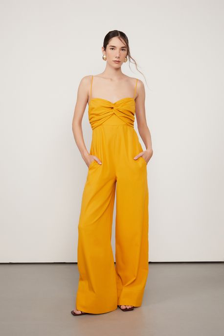 Macacão Amplo De Alcinha Detalhe Top Com Torção De Algodão Amarelo Amarelo Dourado - 38