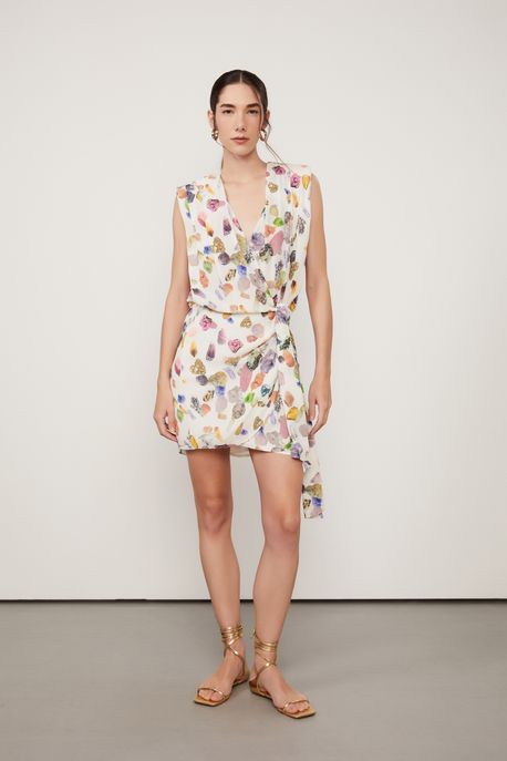 Vestido De Georgette Pesado Curto Transpassado Estampado Est Fig Mineral Kirli - 38