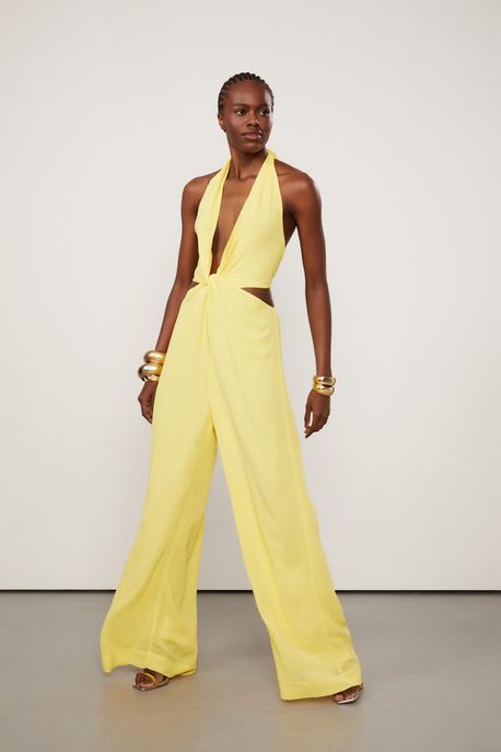 Macacão De Georgette Amarelo Com Decote Entrelaçado Amarelo Solsticio - 38