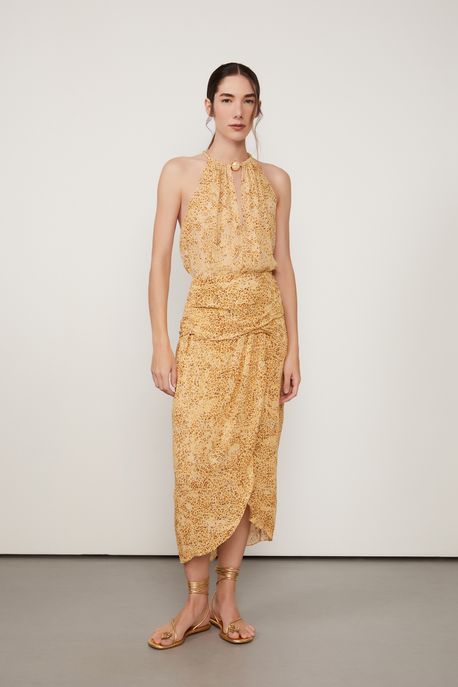 Saia De Georgette Com Detalhe Lenço Pareo Estampado Est Onca Leve Flan - 44