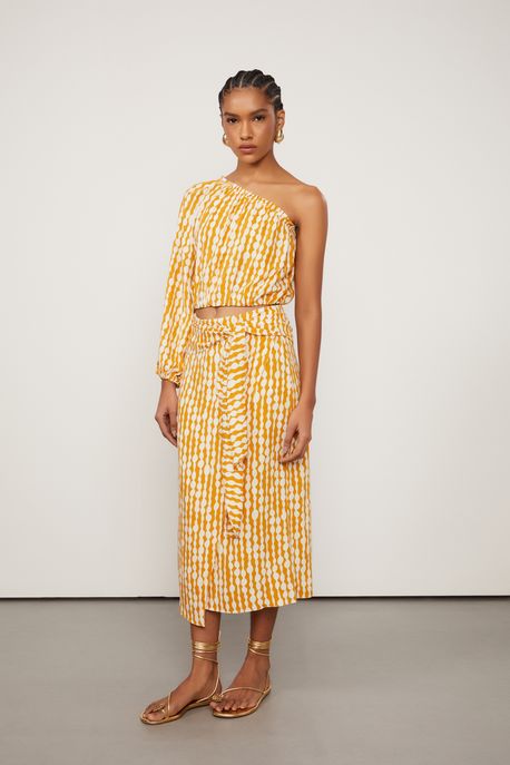 Saia Midi Detalhe Amarração Frente De Viscose Estampada Est Listra Luar Dourado e Off - 38