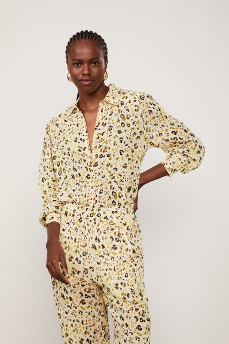 Camisa De Georgette Com Detalhes a Fio Estampado Est Onca Aquarela Biscoito - 36