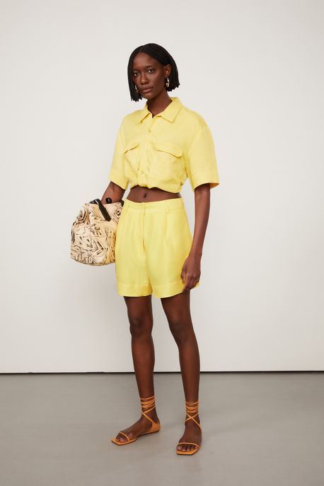 Camisa Cropped Manga Curta Detalhe Torção Amarela Amarelo Solsticio - 44