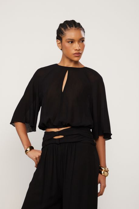 Blusa De Georgette Preta Cropped Preto - 40