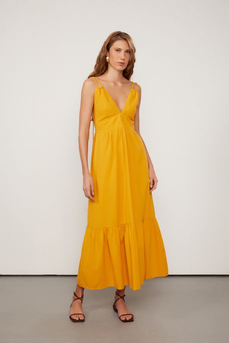 Vestido Midi Frente Única Detalhe Amarração Costas De Algodão Amarelo Amarelo Dourado - 36