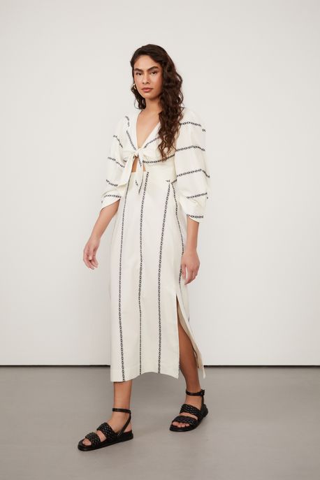 Vestido Midi Manga Bufante Decote v Com Amarração De Jacquard Listrado Off/Geo Caleidoscopio - 44