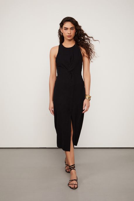 Vestido Midi De Malha Sponge Com Detalhe De Entrelaço Preto - G
