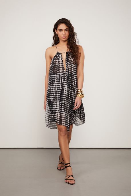 Vestido De Viscose Curto Tie Dye Resort Est Textura Tiedye Preto - 42