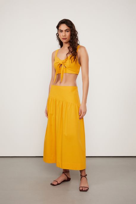 Saia Midi Pala Irregular De Algodão Amarela Amarelo Dourado - 42