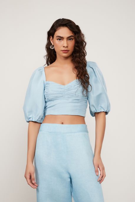 Blusa Cropped Manga Bufante e Busto Franzido Azul Azul Sereia - 36