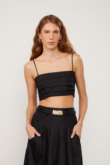 Top Cropped De Alcinha Com Pregas Na Frente e Lastex Nas Costas De Algodão Preto Preto - 44