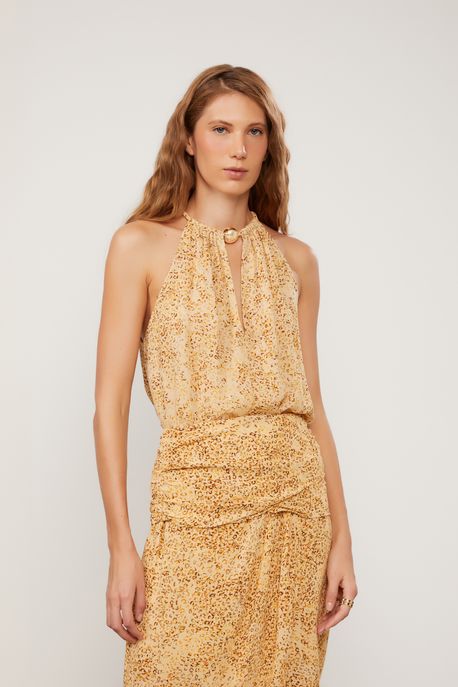 Blusa De Georgette Com Detalhe Pomo Estampado Est Onca Leve Flan - 38