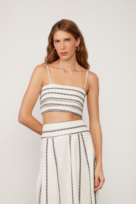 Top Cropped De Alcinha Com Pregas Na Frente e Lastex Nas Costas De Jacquard Listrado Off/Geo Caleidoscopio - 34