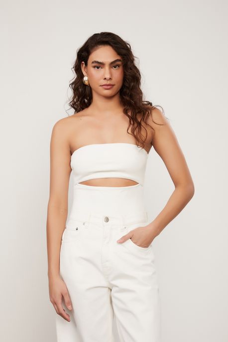 Body De Malha Creponada Sem Alça Com Detalhe Cut Off White - GG
