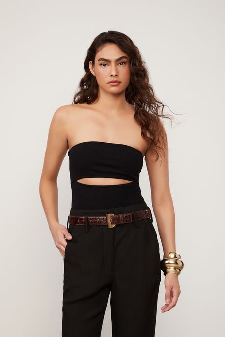 Body De Malha Creponada Sem Alça Com Detalhe Cut Preto - G