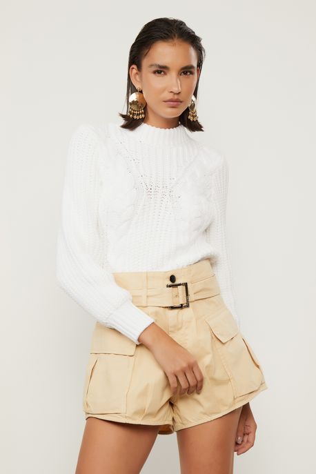 Casaco De Tricot Curto Detalhe Trança Branco - G