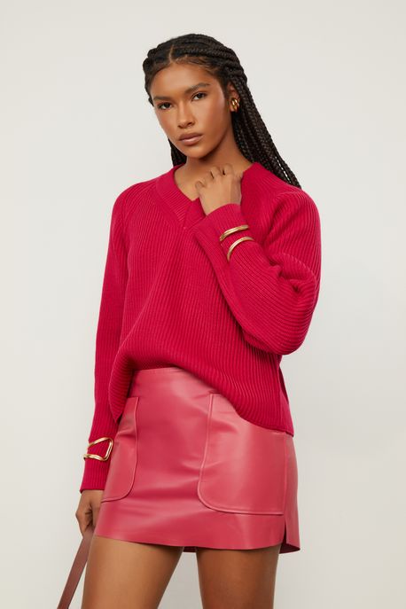Pull De Tricot Com Gola v Vermelho Cereja - P