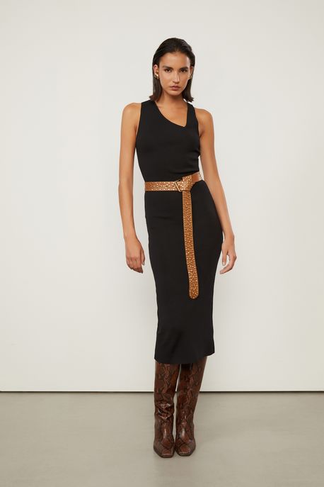 Vestido De Tricot Midi Com Decote Assimétrico Preto - P