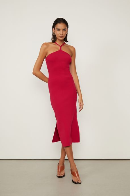 Vestido De Tricot Midi Com Alça Rib Vermelho Cereja - P