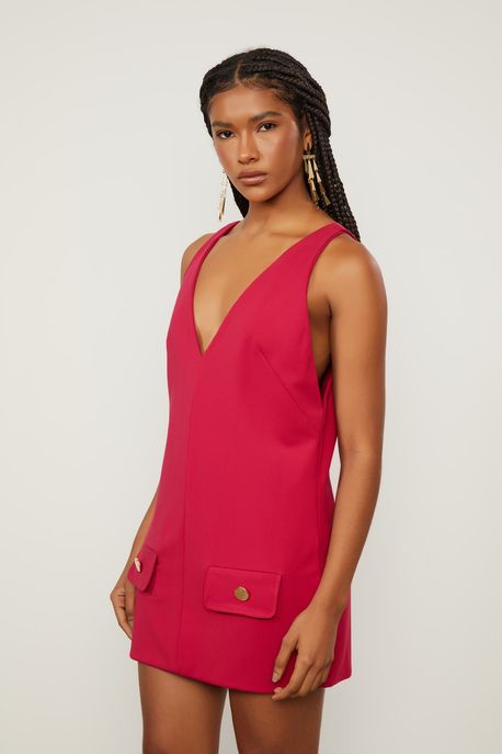Vestido De Malha Estruturada Vermelho Curto Decote v Vermelho Cereja - PP