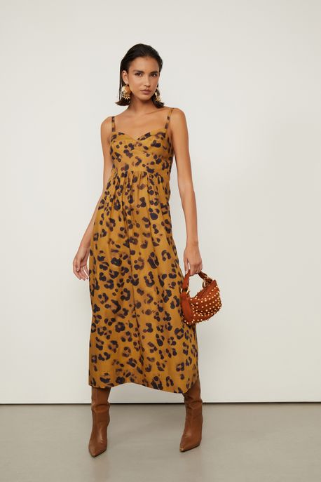 Vestido Midi De Alça De Algodão Estampado Est Onca Sombra Superlemon - 34