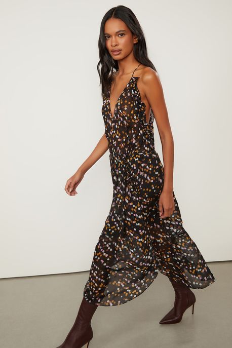 Vestido De Georgette Leve Midi De Alça Estampado Babados Est Pois Lente Color - 38