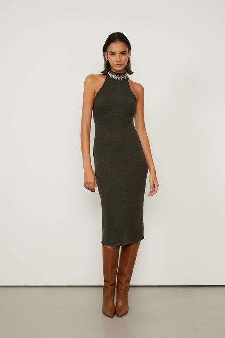 Vestido De Tricot Midi Halter Com Gola Bordada Grafite - P