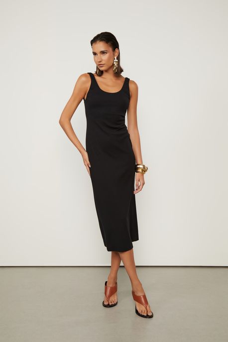 Vestido De Malha Crepe Preto Midi Decote u Preto - P