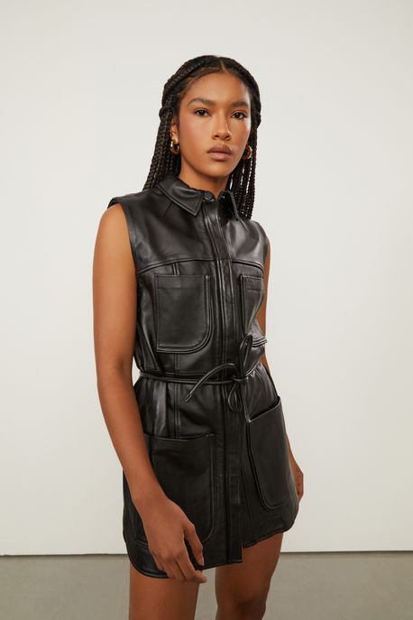 Vestido De Couro Bolso Frontal Amarração Preto - 36