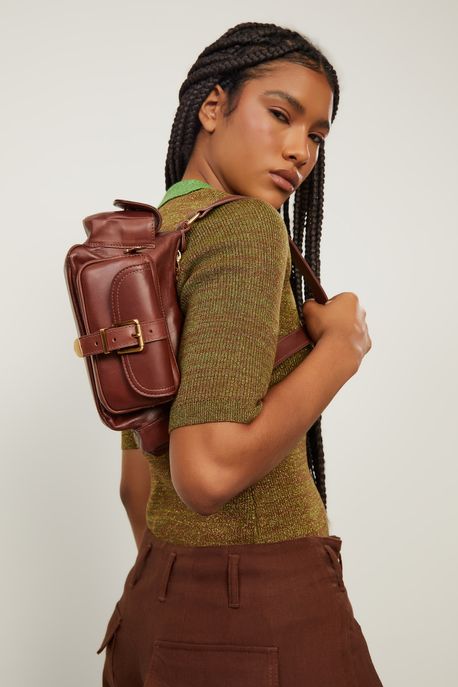 Bolsa De Couro Cargo Pequena Fivelas Cafe - U