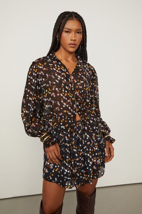 Saia De Georgette Leve Curta Estampada Com Bolso Est Pois Lente Color - 42