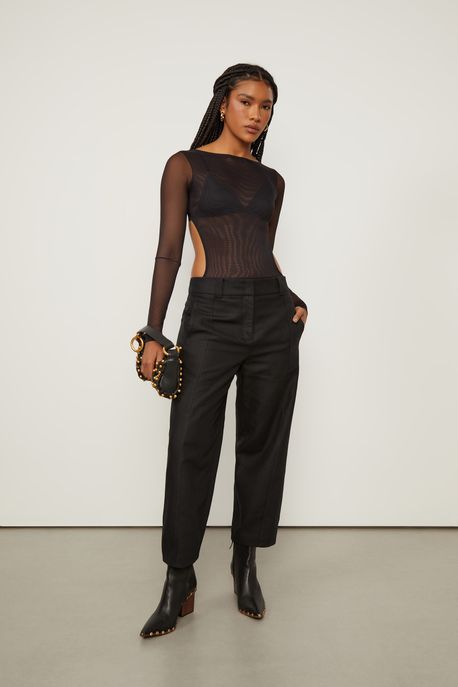 Calça De Algodão Com Linho Com Pespontos Preto - 38