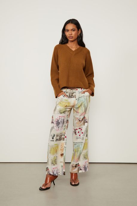 Calça De Seda Reta Estampada Bolso Faca Est Fig Journal Colorida Tofu - 36