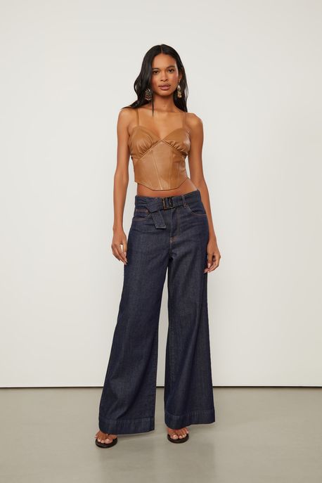Calca Pantalona Jeans Cintura Alta Raw Jeans Escuro - 44