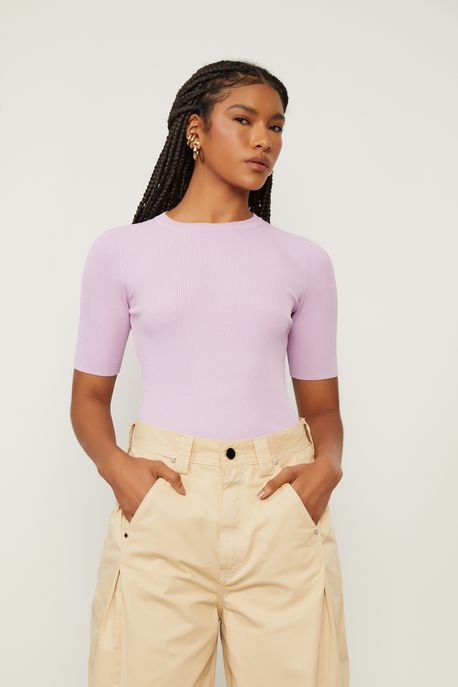 T-Shirt De Tricot Canelada Básica Rosa Vintage - G