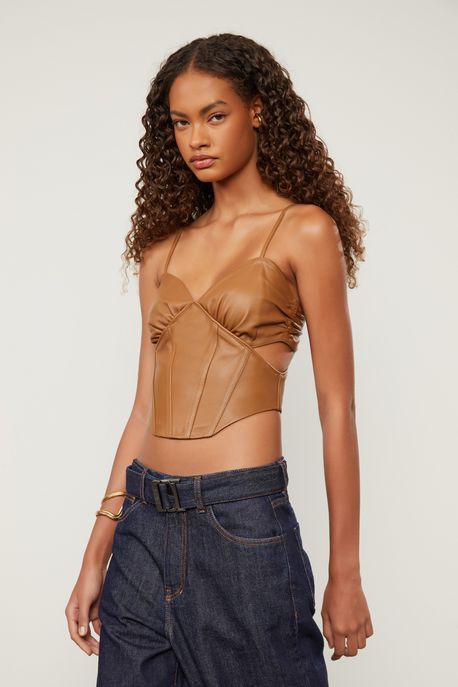 Top De Couro Corset Tiraas Aplicadas Pespontos Marrom Biscoito - 38