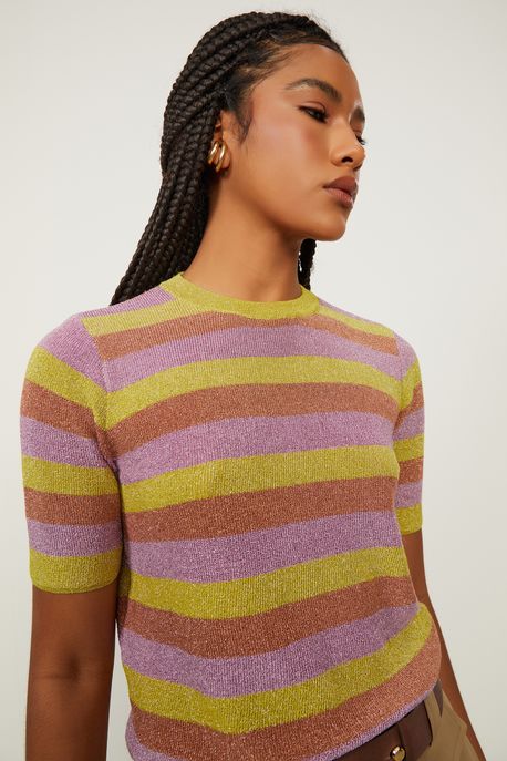 Blusa Básica De Tricot Listras Lurex Verde Mineral/ Laranja Mock/ Rosa Vintag - M