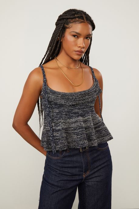 Top De Tricot Tweed Alça Fivela Marinho/ Off White/ Lurex - M