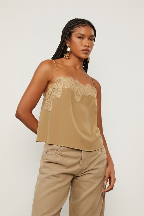 Regata De Seda De Alcinha Marrom Decote Reto Marrom Madeira - 42