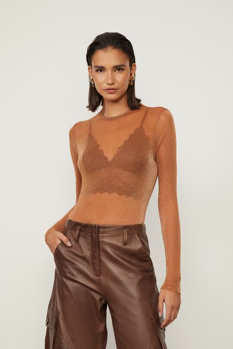 Body De Tule Lurex Marrom Com Prata Marrom Biscoito / Lurex - M