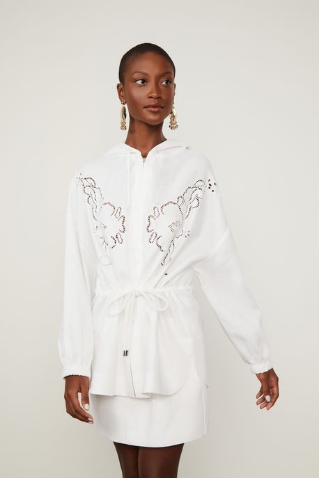 Jaqueta Parka De Linho Com Bordado Orquídea Off White - P