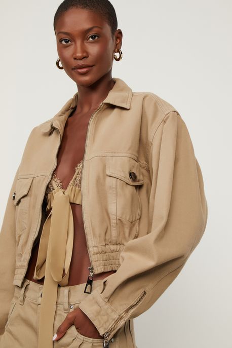 Jaqueta De Sarja Detalhe Zíper Punho Marrom Madeira - G