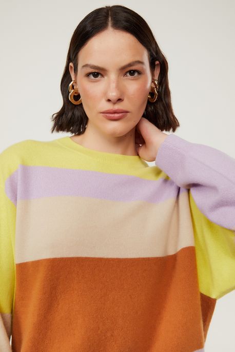 Blusão De Tricot Pull Com Cashmere Listrado Verde/ Rosa/ Bege/ Marrom - G
