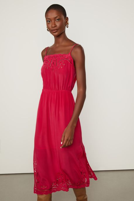 Vestido Midi Com Bordado Richelieu Vermelho Cereja - 40