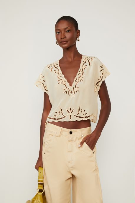 Blusa Com Bordado Richelieu Nude Marzipan - M