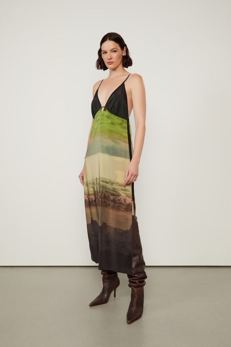 Vestido De Seda Midi De Alça Estampado Fenda Lateral Est Loc Paisagem Cidade Color - 44