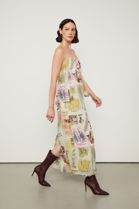 Vestido De Georgette Leve Longo De Alça Estampado Est Fig Journal Colorida Tofu - 42