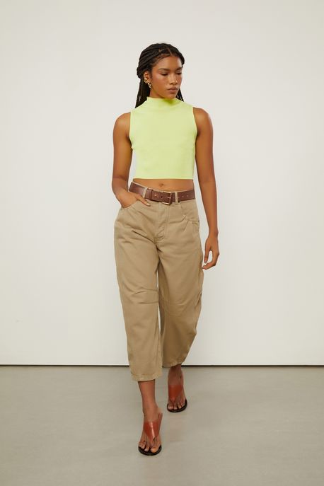 Blusa Básica De Tricot Cropped Gola Alta Verde Lima - G