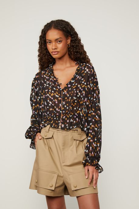 Bata De Georgette Leve Manga Longa Estampada Babados Est Pois Lente Color - 42